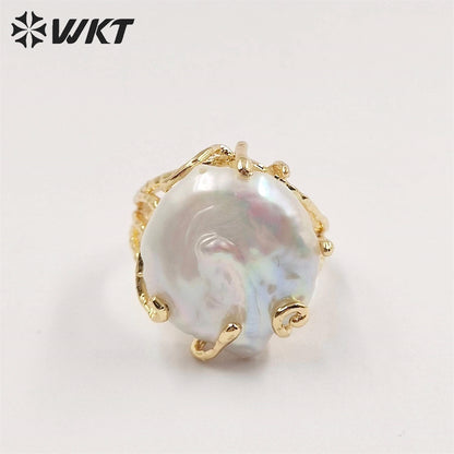 WT-MPR051 Romantic Style Women Freshwater Pearl Ring with 18k Real Gold Plated Delicate Irregular Pearl Setting Gold RING