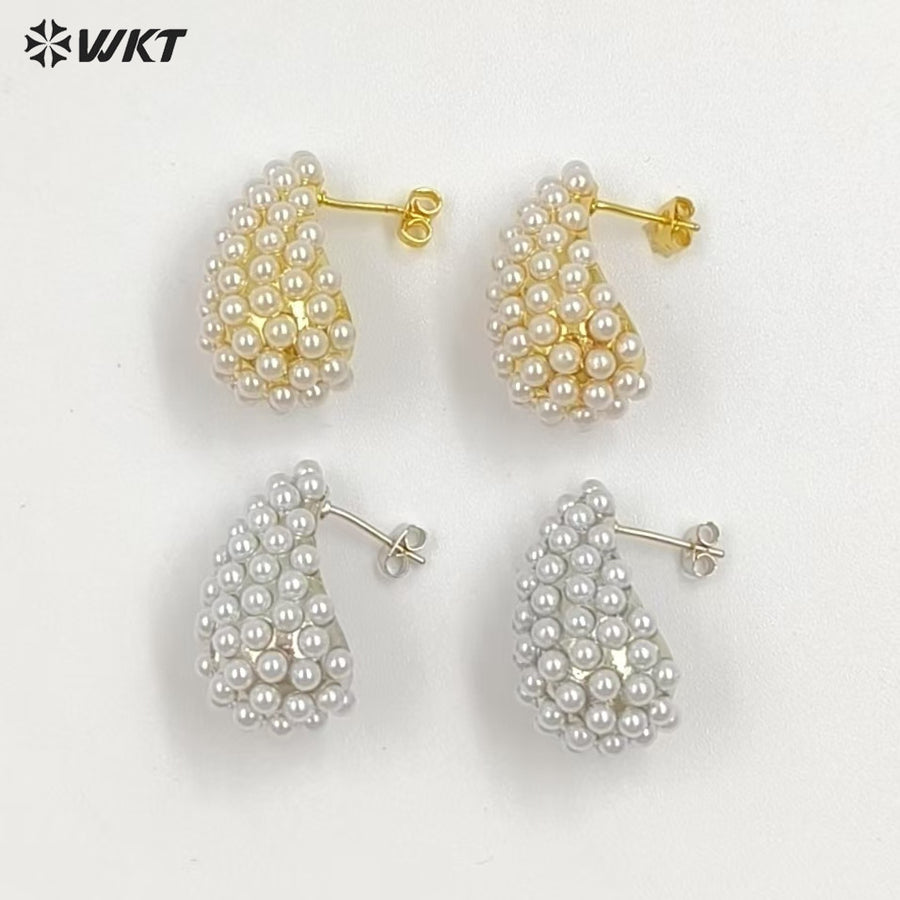 WT-ME129 Hot Sales Elegant Design Gold And Silver Plated Brass With Artificial Pearl Teardrop Shape Earrings For Wedding Gift