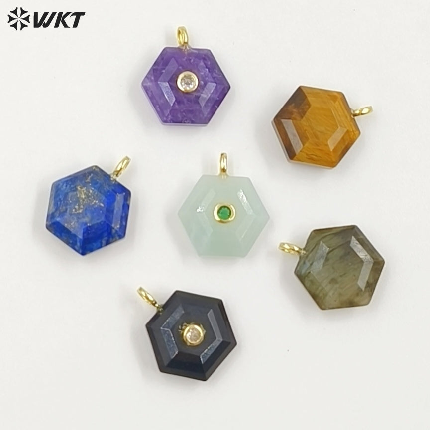 WT-P2060 Popular Trendy Round Zircon And Various Natural Gemstones Geometric Hexagon Pendants For Lady Necklace Handmade Jewelry