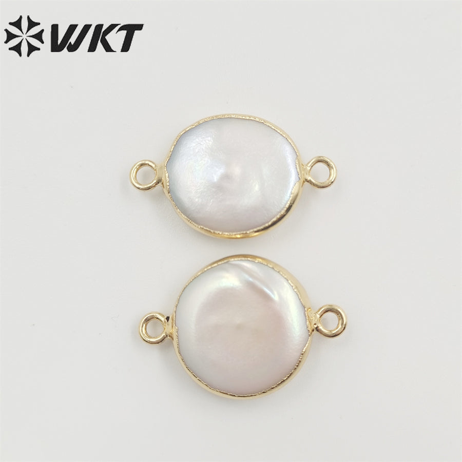 WT-C152 Unique Round Pearl Connector Wholesale for Jewelry Making, Double Loops Natural Pearl Connector with 24k Gold Plated