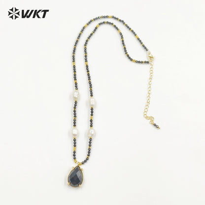 WT-N1436 16+2inch Colorful Chain Natural Gemstone Extend Chain Long Stone Beads Pearl Pendant Necklace