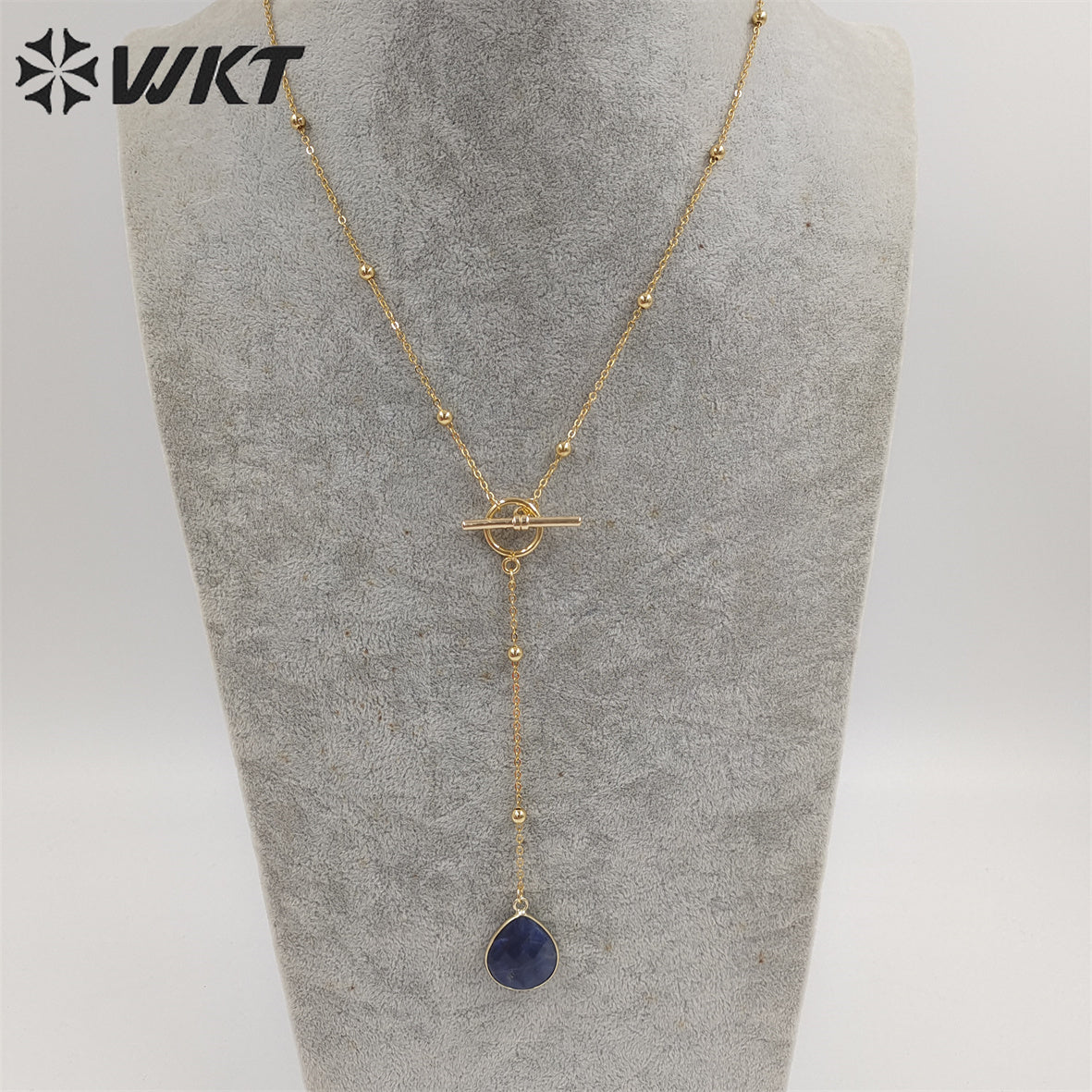 WT-N1386 WKT Newest Fashion Gold Plated Women Lariet Pendant Necklace Gold Beads Chain Themed Stone Necklace
