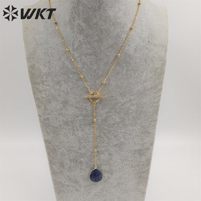 WT-N1386 WKT Newest Fashion Gold Plated Women Lariet Pendant Necklace Gold Beads Chain Themed Stone Necklace