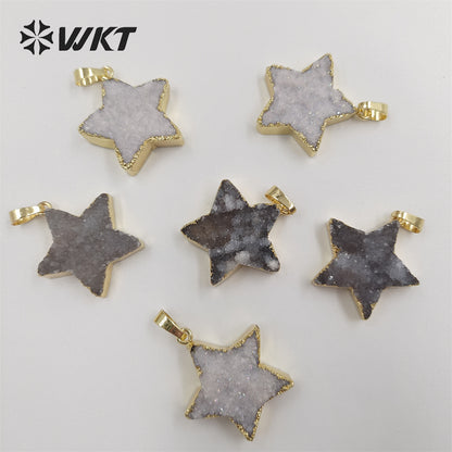 WT-P1828 Wholesale Fashion Gold Trim Natural Druzy Quartrz Stone Star Pendant with Aura Brightly Crystal Quartz Aura Star Stone