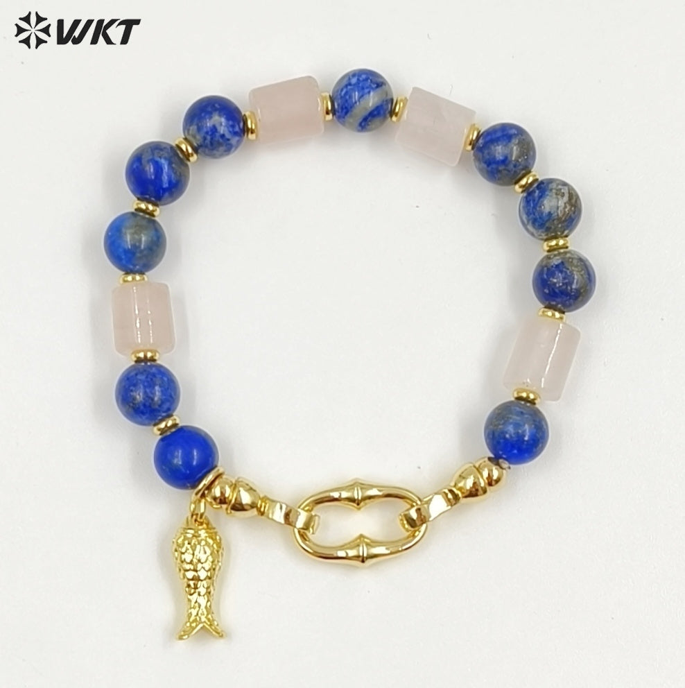 WT-B711 Trendy Gold Plated Natural Gemstones Beads With Little Fish Shell Charms Women Bracelets For Daily Decorative Jewelry
