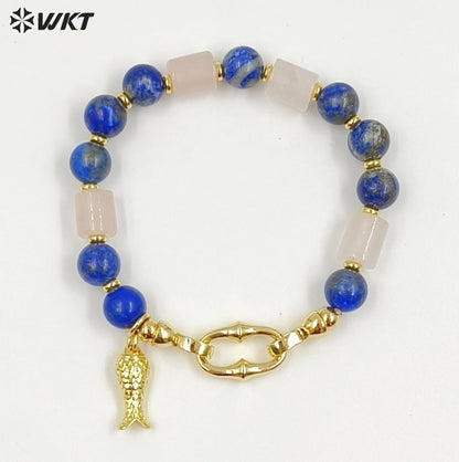 WT-B711 Trendy Gold Plated Natural Gemstones Beads With Little Fish Shell Charms Women Bracelets For Daily Decorative Jewelry