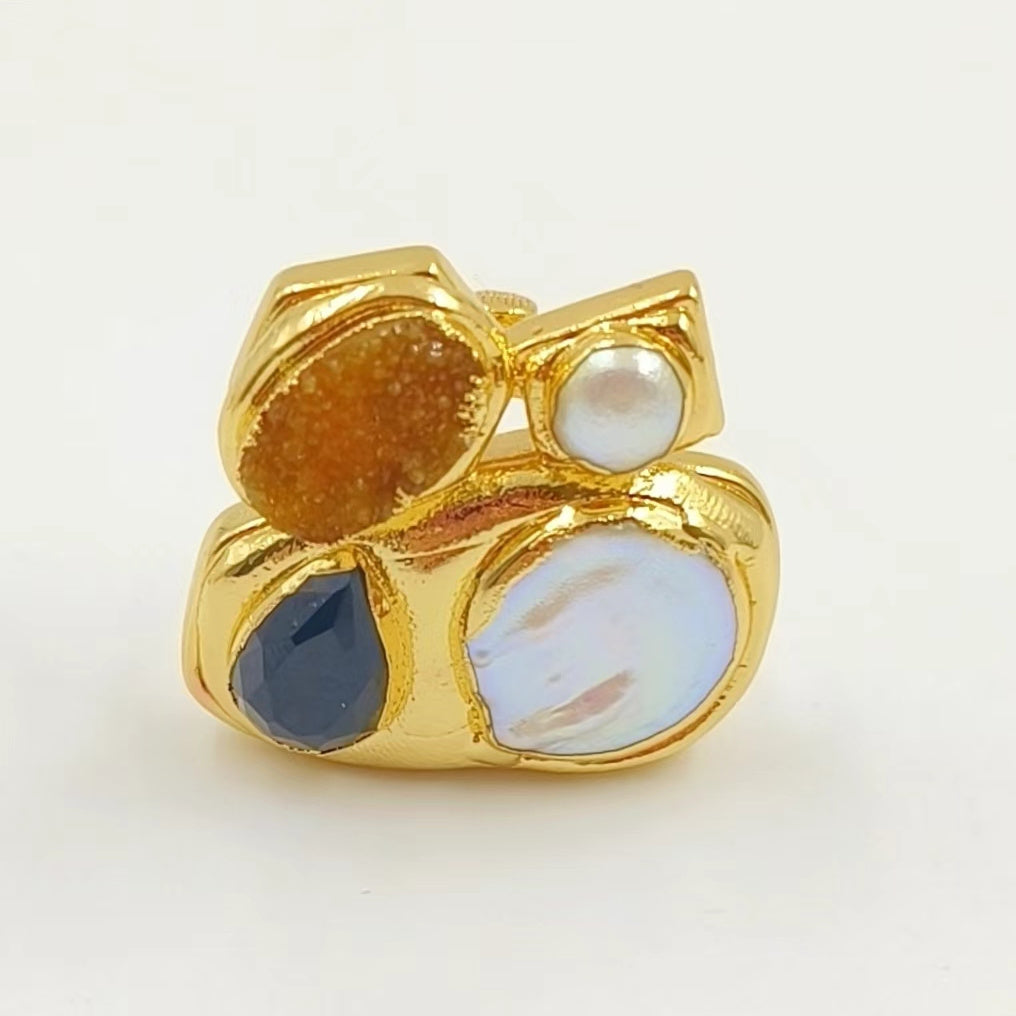 WT-MPR083 Newest Exclusive WKT Design 18k Real Gold Plated Resist Tarnishable Multi Stone and Pearl Women Ring in Adjustable