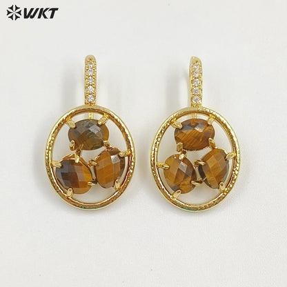 WT-E795 Delicate 18K Gold Plated Three Natural Gemstones With Zircon Hollow Round Earrings For Friend Birthday Gift Jewelry