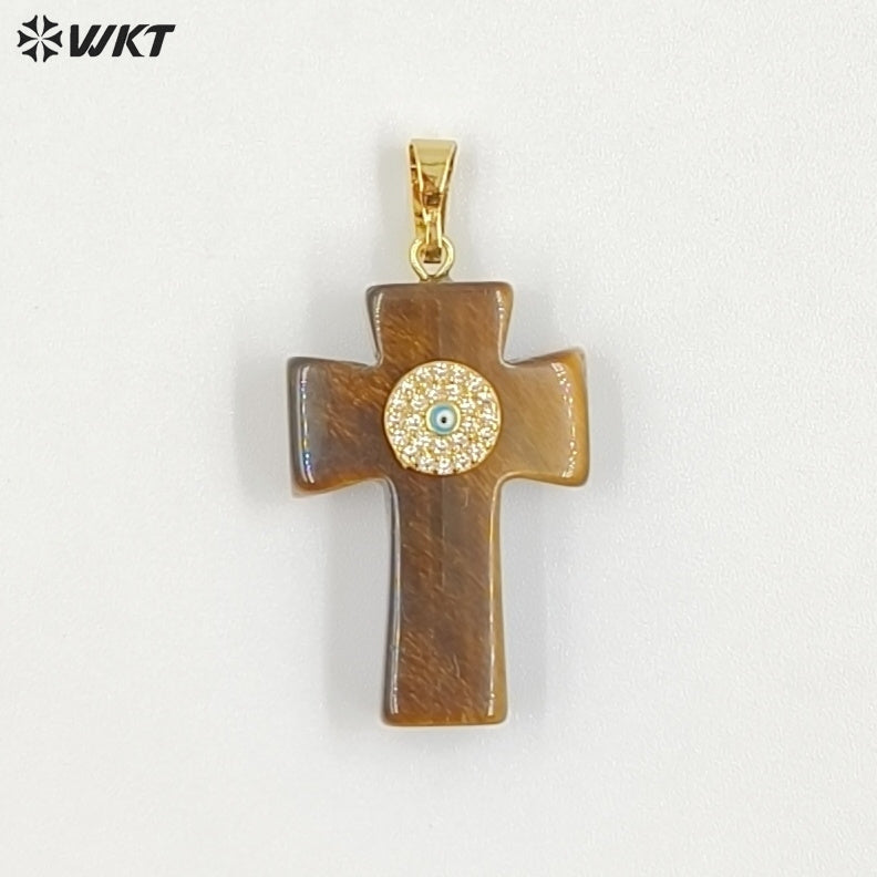 WT-P2046 Hot Sales Vintage Style Rose Quartz Multi Natural Gemstones With Zircon Cross Pendants For Women Fashion Jewelry Making