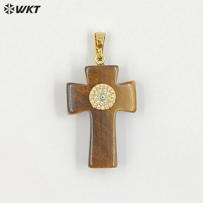 WT-P2046 Hot Sales Vintage Style Rose Quartz Multi Natural Gemstones With Zircon Cross Pendants For Women Fashion Jewelry Making