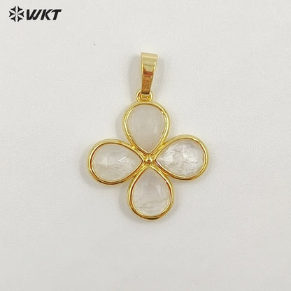 WT-P2031 Romantic Lovely Gold Plated Lucky Four Leaves Clover Flowers Shape Natural Gemstone Pendants For Ladies Necklace DIY