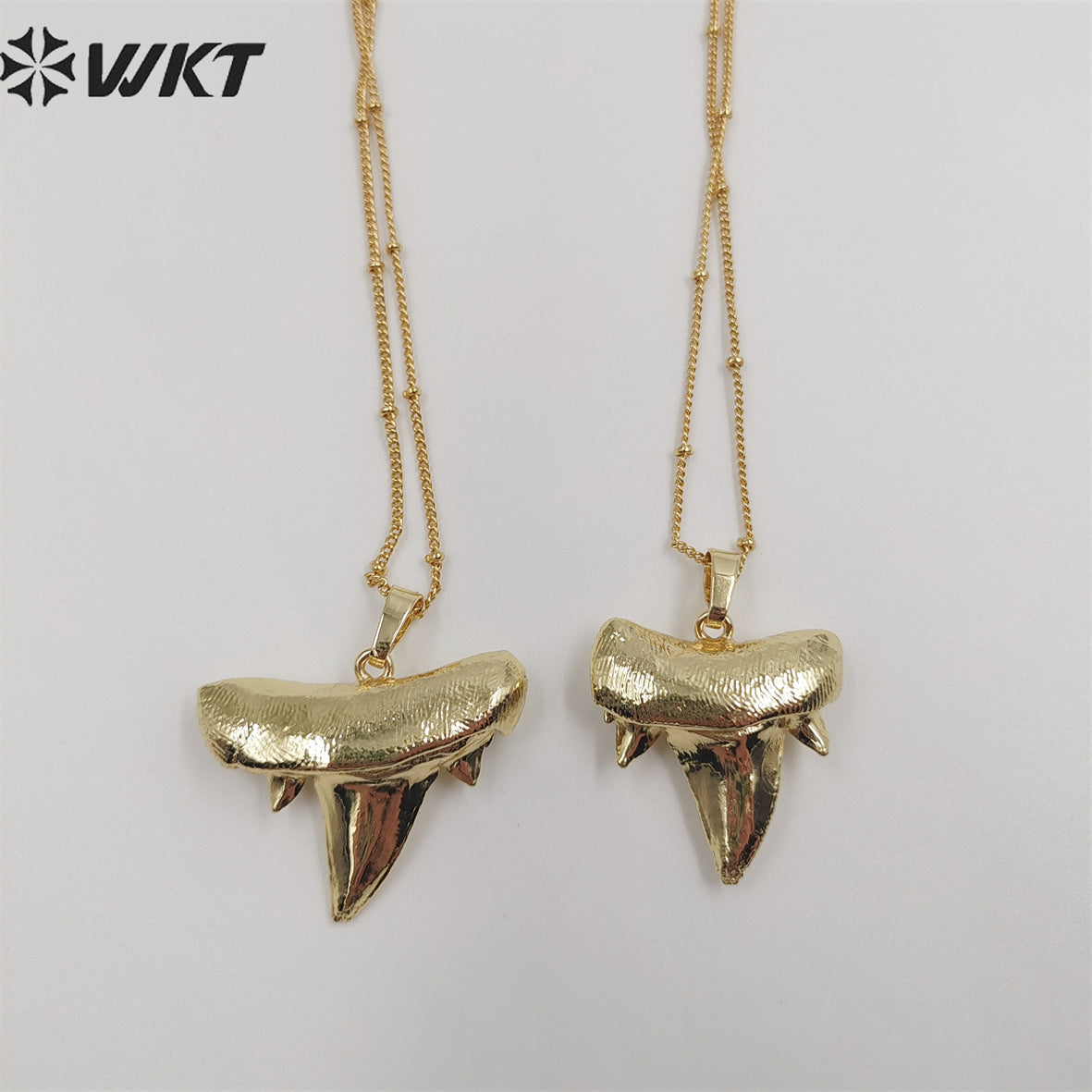 WT-N486 Wholesale Full Gold Electroplated Lovely Shark Teeth Necklace, Fashion Tiny Ball Bead Chain Shark Tooth Necklace