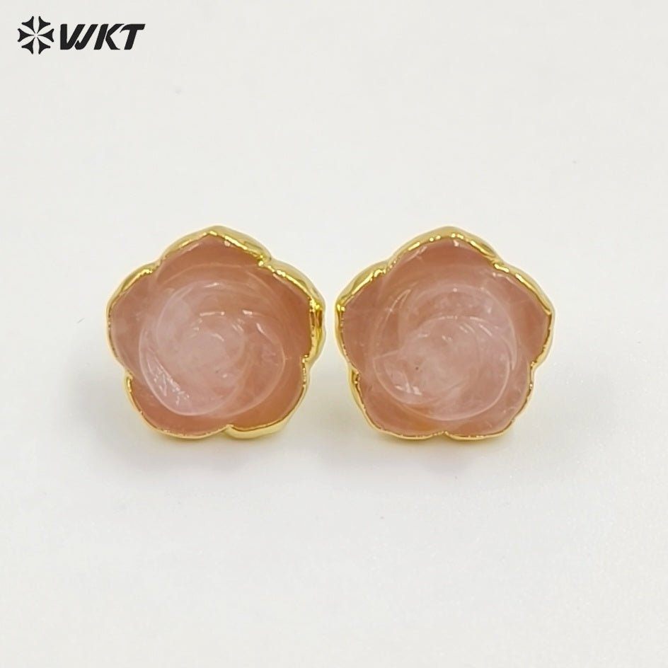 WT-E813 Exquisite Gold Plated Natural Gemstone Hand Carved Rose Flower Shape Little Earrings Studs For Lady Daily Jewelry