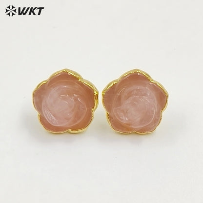 WT-E813 Exquisite Gold Plated Natural Gemstone Hand Carved Rose Flower Shape Little Earrings Studs For Lady Daily Jewelry