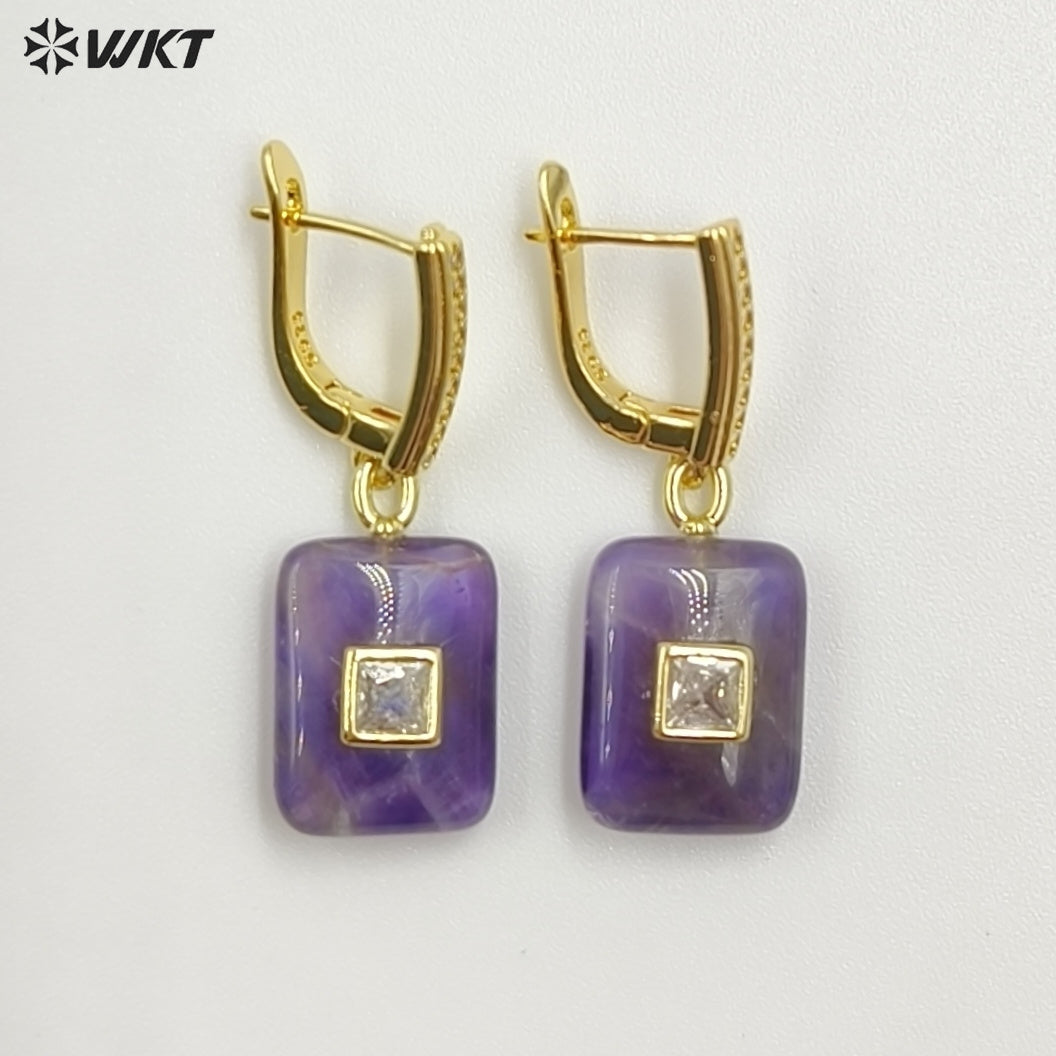 WT-E796 Top Quality Gold Plated Natural Multi Colors Gemstones With Zircon Rectangle Pendant Earrings For Lady Daily Wearing
