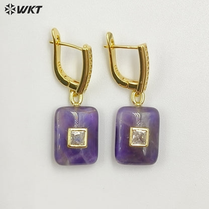 WT-E796 Top Quality Gold Plated Natural Multi Colors Gemstones With Zircon Rectangle Pendant Earrings For Lady Daily Wearing