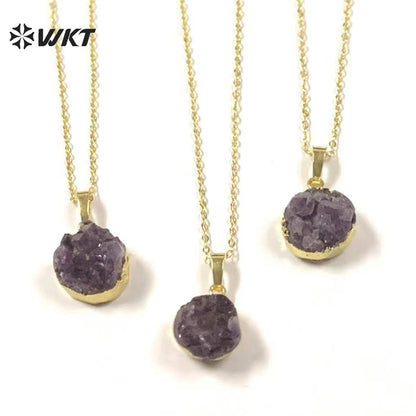WT-N348 Wholesale Natural Round Druzy Amethyst Necklace, Hot Tiny Raw Amethyst Necklace With Gold Dipped
