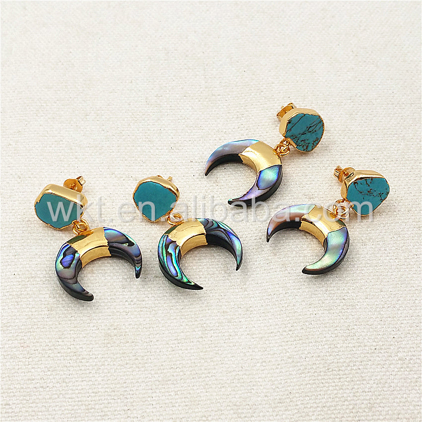 WT-E301 Newest Design Natural Abalone Shell Crescent Horn Earring, 24k Gold Plated Turquoise Charm Crescent Horn Earrings