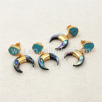 WT-E301 Newest Design Natural Abalone Shell Crescent Horn Earring, 24k Gold Plated Turquoise Charm Crescent Horn Earrings