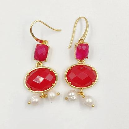 WT-MPE110 Bohemia Elegant Natural Pearl and Stone 18k Gold Plated Gift for Women Weeding 58mm Romantic Pendant Earrings
