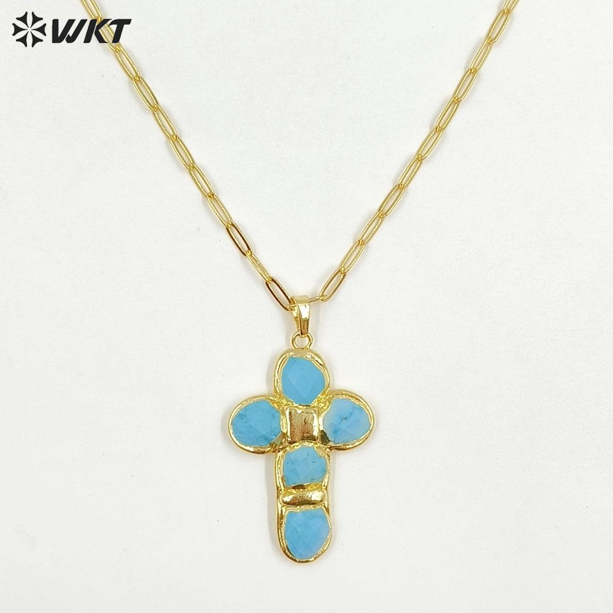 WT-N1543 Factory Wholesale High Quality 18K Gold Plated Natural Gemstone Cross Shape Pendant Necklaces As Women Trendy Jewelry