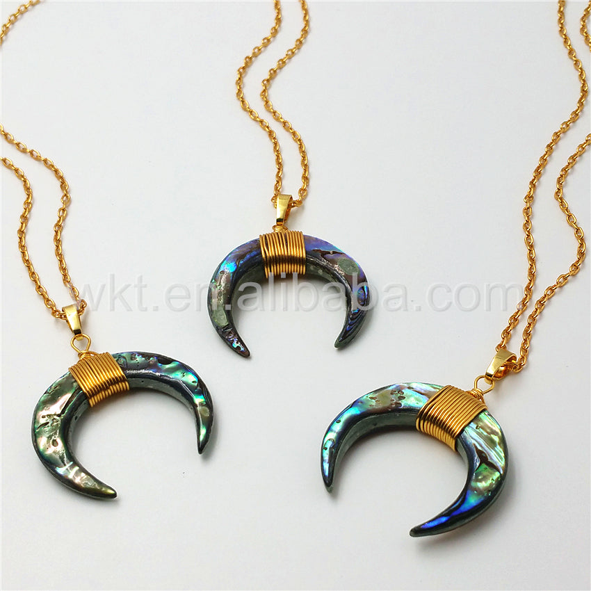 WT-N810 Wholesale Handmade Wire Wrapped Charm Abalone Shell Necklace Natural Crescent Abalone Shell Pendant Necklace