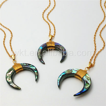 WT-N810 Wholesale Handmade Wire Wrapped Charm Abalone Shell Necklace Natural Crescent Abalone Shell Pendant Necklace
