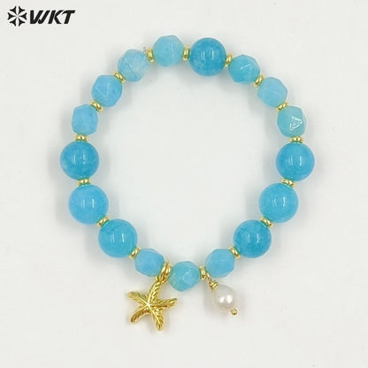 WT-B712 Beautiful Natural Gemstones Beads With Little Pearl And Shell Star Charms Gold Bracelets As Fashion Jewelry Accessory