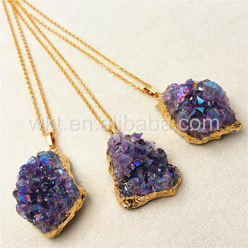 WT-N832 Amazing Natural Amethyst Cluster With Flame Angel Color Charm Necklace,Lovely Amethyst With Gold Plated Charm Necklace