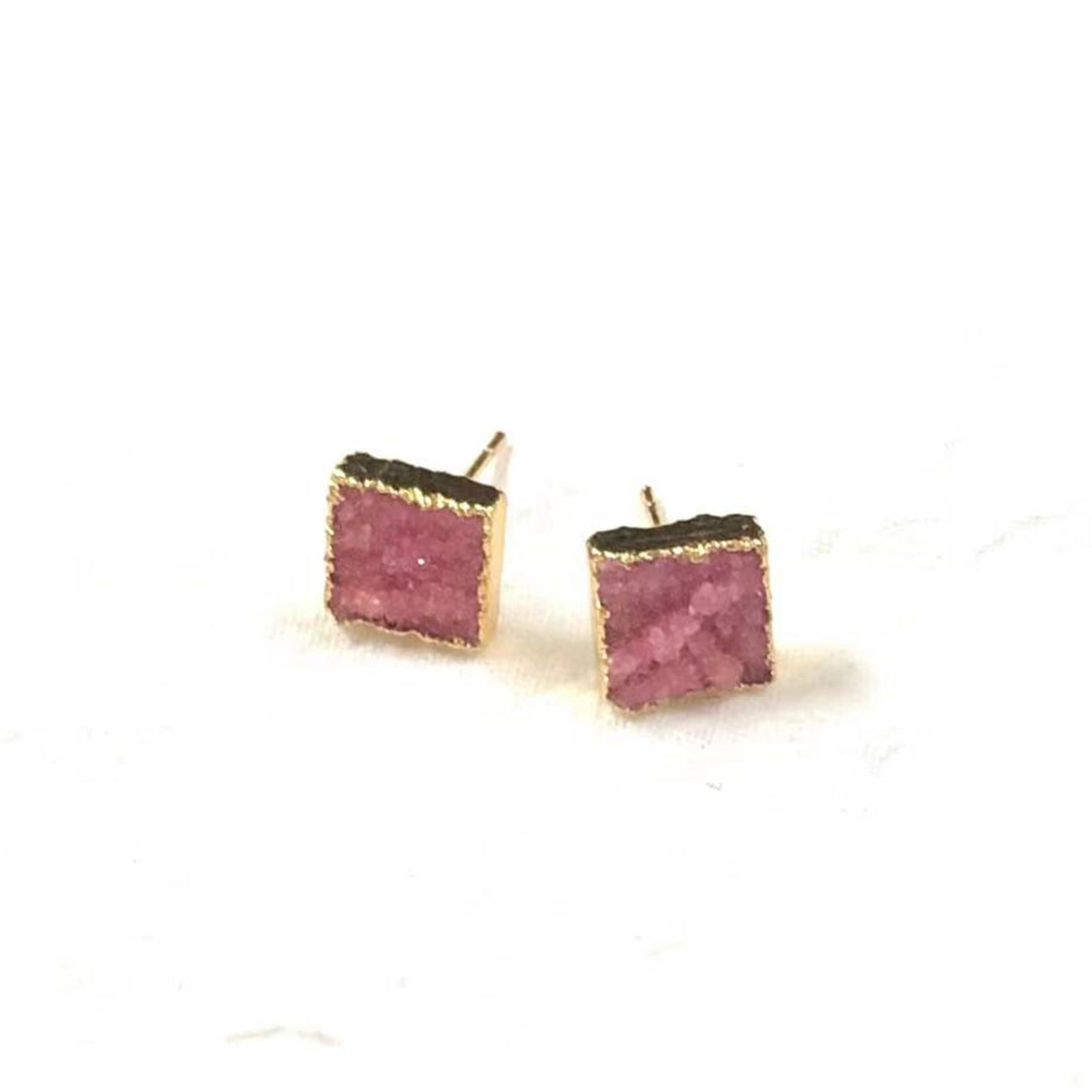 WT-E274 Wholesale Fashion Gold Plated Colorful Druzy Quartz Studs Earrings Natural Women 10mm square Stone Studs