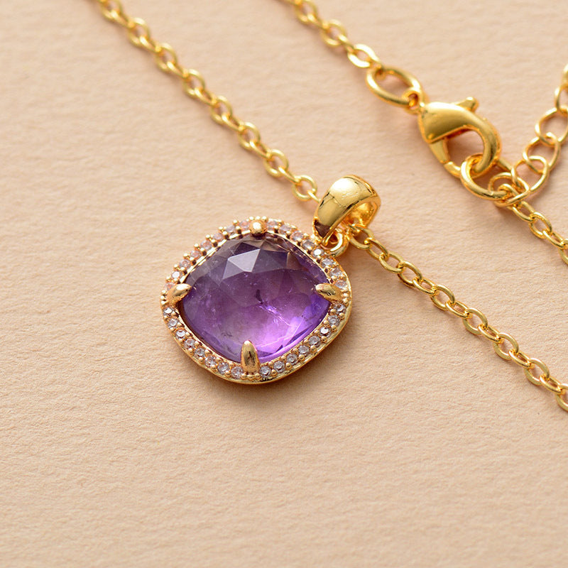 WT-N1488 Fashion Lady Square Micro Pave Setting Natural Amethyst Amazonite Lapis Charm Necklace in 18K Gold Plated
