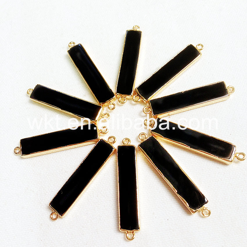 WT-C109 Amazing Long Black Agate bar Connector for Jewelry Making 24k Gold Plated Rectangle Black Agate Connector