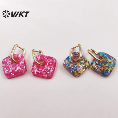 WT-MPE073 European and American Earrings Cute Small Shell Enamel Earrings Colorful square Pendant 18k Gold-plated Earrings