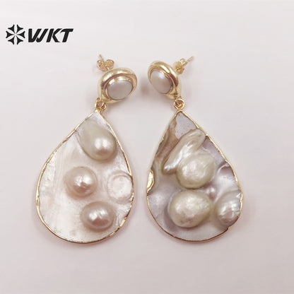 WT-MPE072 Water Drop Shell Earrings European and American Style Fashion Charming 18k Gold-plated Earrings Natural Pearl Earrings