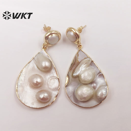 WT-MPE072 Water Drop Shell Earrings European and American Style Fashion Charming 18k Gold-plated Earrings Natural Pearl Earrings