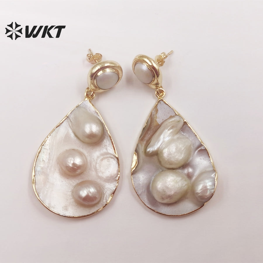 WT-MPE072 Water Drop Shell Earrings European and American Style Fashion Charming 18k Gold-plated Earrings Natural Pearl Earrings