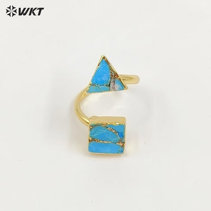 WT-R394 WKT 2022 Luxury Women's Jewelry 18k Real Gold Plated Copper Turquoise Stone for Lady Ring Gems Double Stone Ring