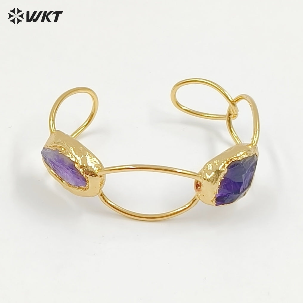 WT-B699 Wonderful Natural Gemstones Amethyst And Pearl Gold Plated Adjustable Size Bangles For Women Birthday Gift Free Shipping