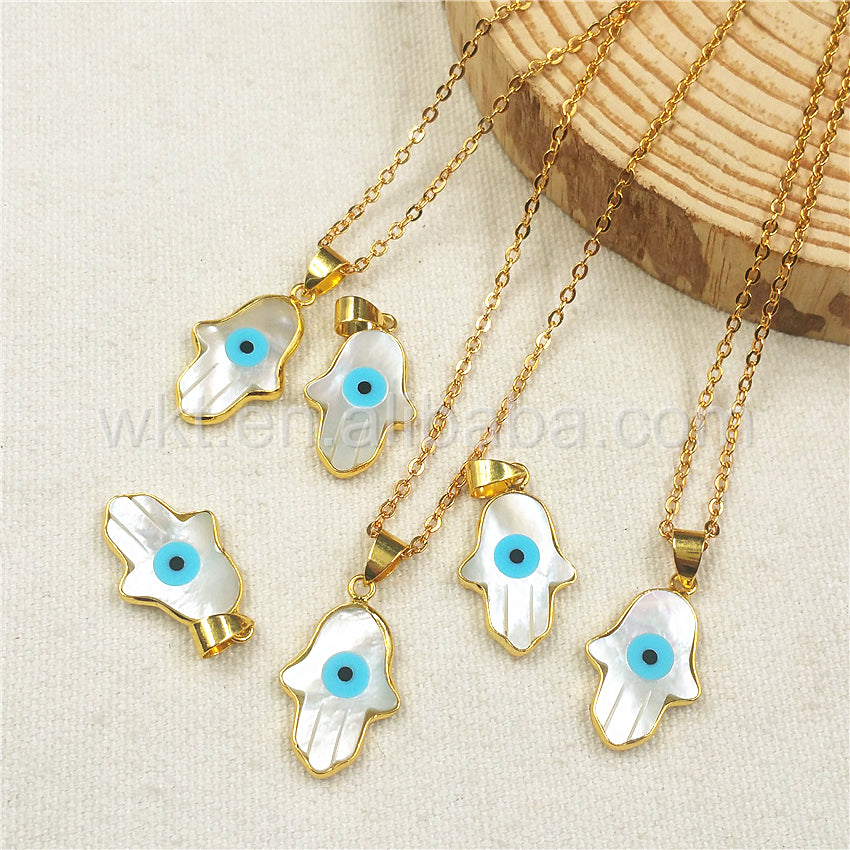 WT-N769 Wholesale 18K Gold Bezel Natural Sea Shell Hand Charm Necklace Turkey Eye Necklace