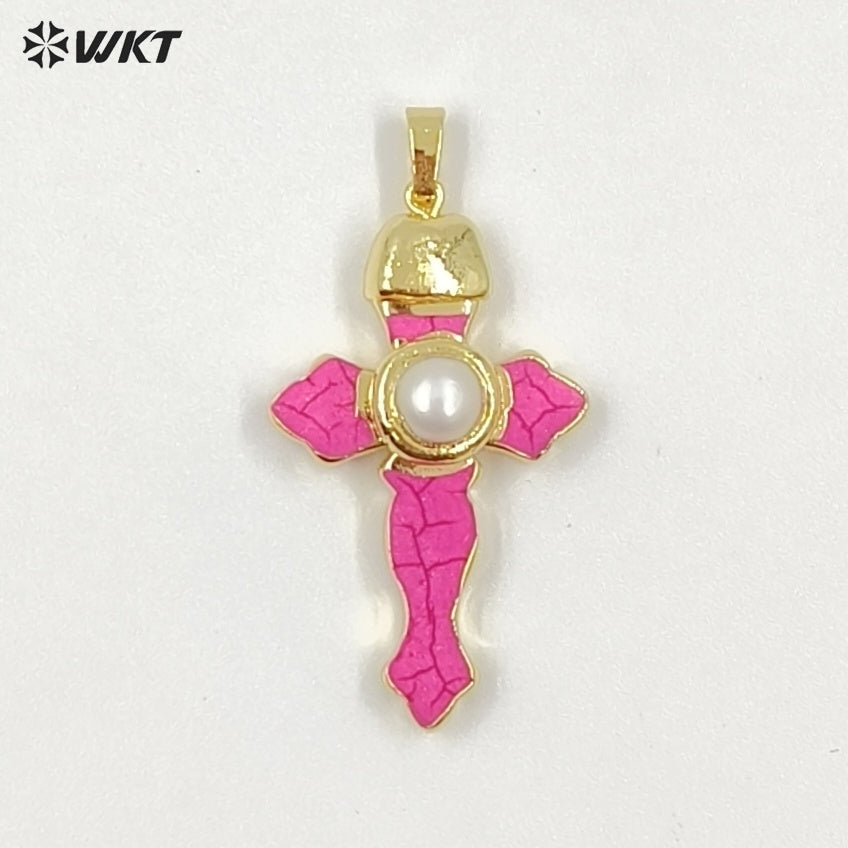 WT-P2092 New Arrival Gold Plated Multi Colors Natural Turquoise Stone And Pearl Cross Charm Pendants As Lady Jewelry Accessory
