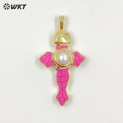 WT-P2092 New Arrival Gold Plated Multi Colors Natural Turquoise Stone And Pearl Cross Charm Pendants As Lady Jewelry Accessory