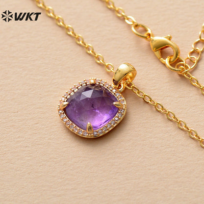 WT-N1488 Fashion Lady Square Micro Pave Setting Natural Amethyst Amazonite Lapis Charm Necklace in 18K Gold Plated