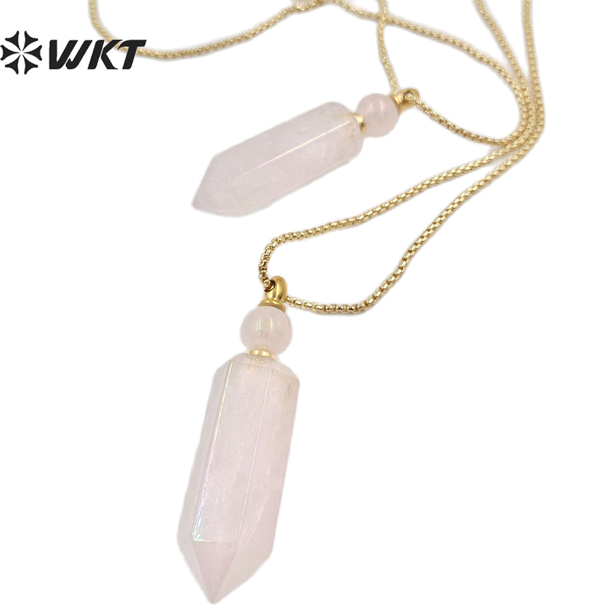 WT-N1369 Crystal Quartz Pink Crystal Hexagonal Prismatic Charming Pendant Necklace for Women Gifts Perfume Bottle Necklace