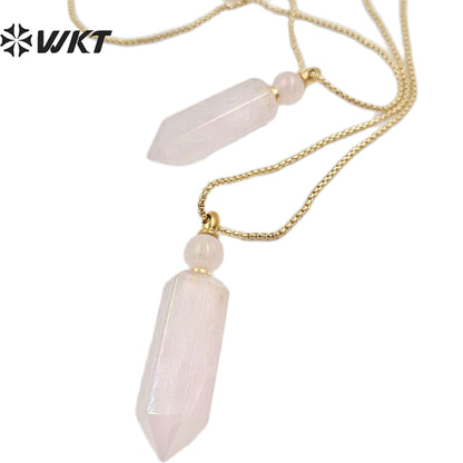 WT-N1369 Crystal Quartz Pink Crystal Hexagonal Prismatic Charming Pendant Necklace for Women Gifts Perfume Bottle Necklace