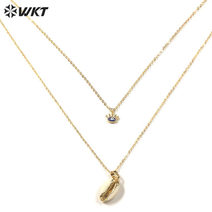 WT-JN174 New Design Fashion Gold Plated Double Layer Choker Necklace Natural White Shell Scallop Pendant Necklace Moon Necklace