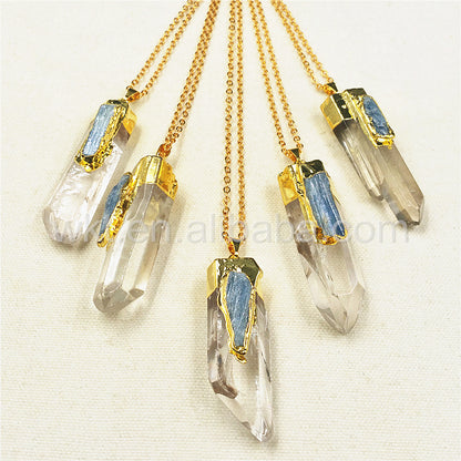 WT-N766 Newest Fashion Natural Clear Crystal Quartz Point With Blue Kyanite Charm Pendant Necklace