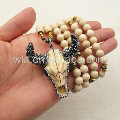 WT-N859 Fashion 8mm Cream Stone Beads Buffalo Head Necklace ,32" Beads Resin Buffalo Head Necklace in High Quality