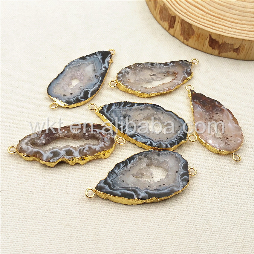 WT-C174 Unique Natural Druzy Geode Agate Connector,High Quality 24k Real Gold Plated Edge Randomly Agate Connector for Necklace
