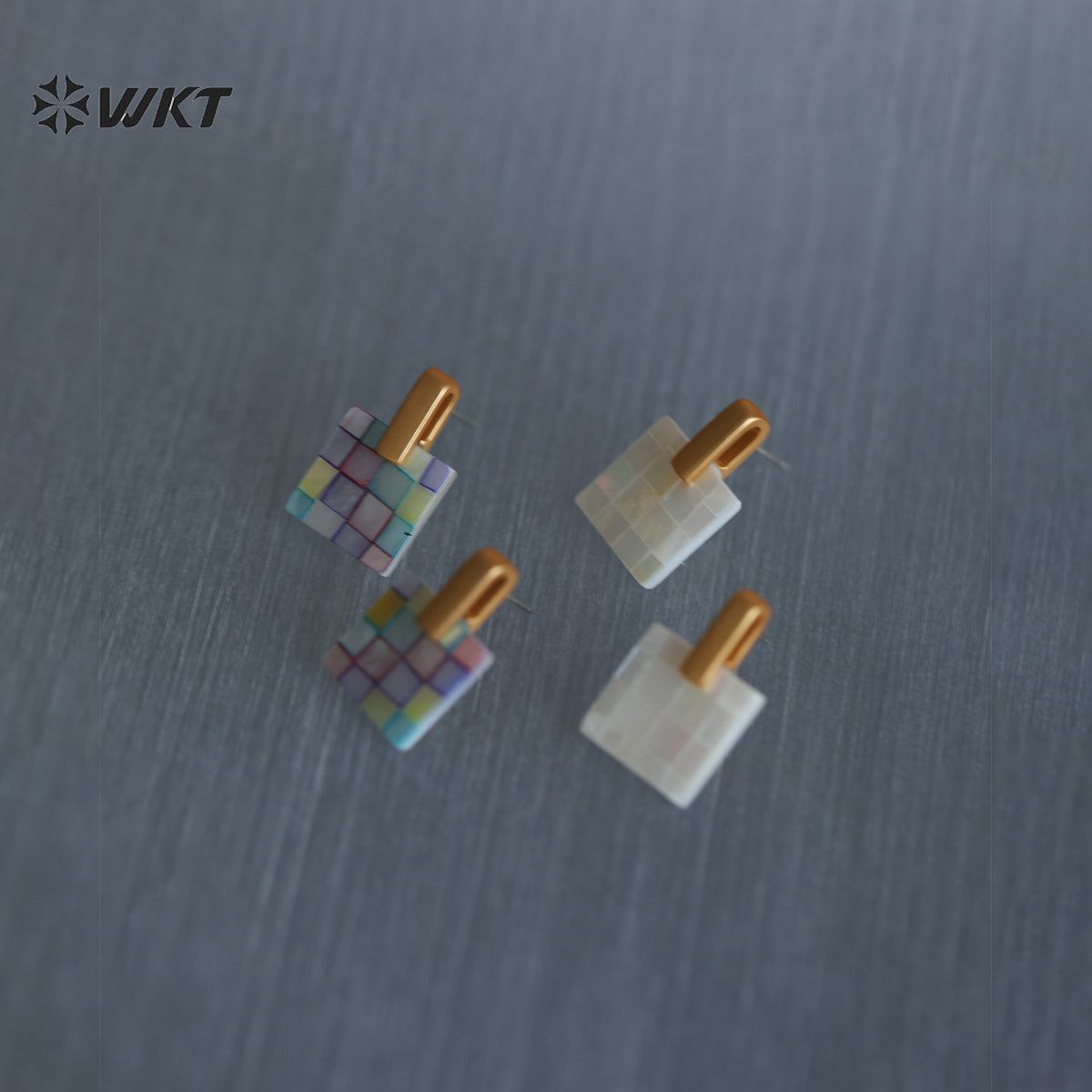 WT-MPE185 Exquisite Simple White And Colorful Splicing Square Mabe Shell Gold Earrings For Female Friends Jewelry Gift