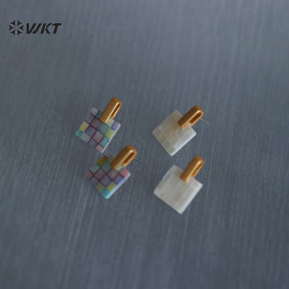 WT-MPE185 Exquisite Simple White And Colorful Splicing Square Mabe Shell Gold Earrings For Female Friends Jewelry Gift